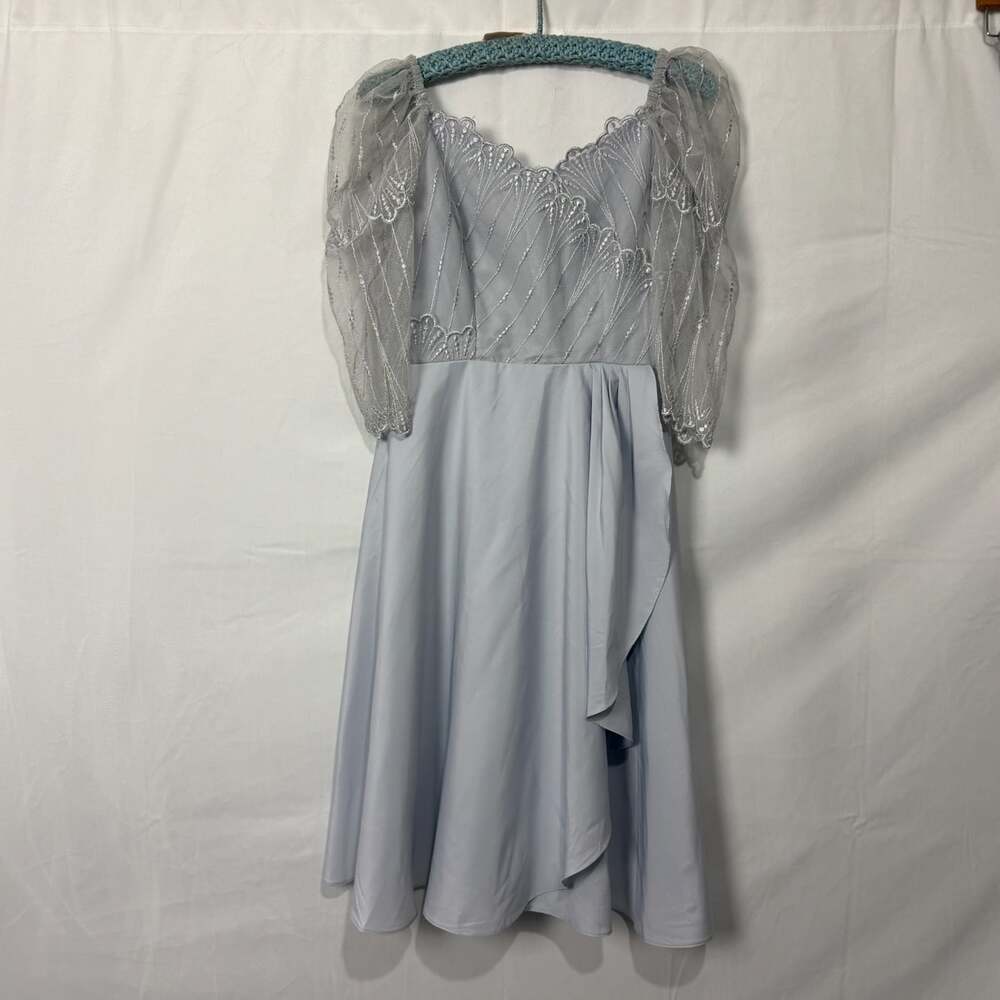 1960s Silver Gray Metallic Lace Illusion Puff Sleeve Formal Dress ILGWU Sz 10